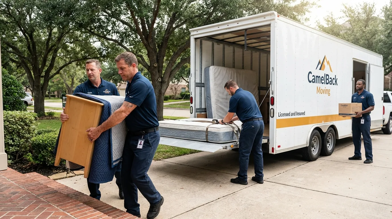 Crew loading residential truck for cross-state move from Austin, TX