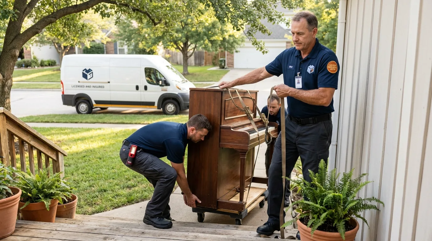 Licensed piano movers securing grand piano in Austin, TX