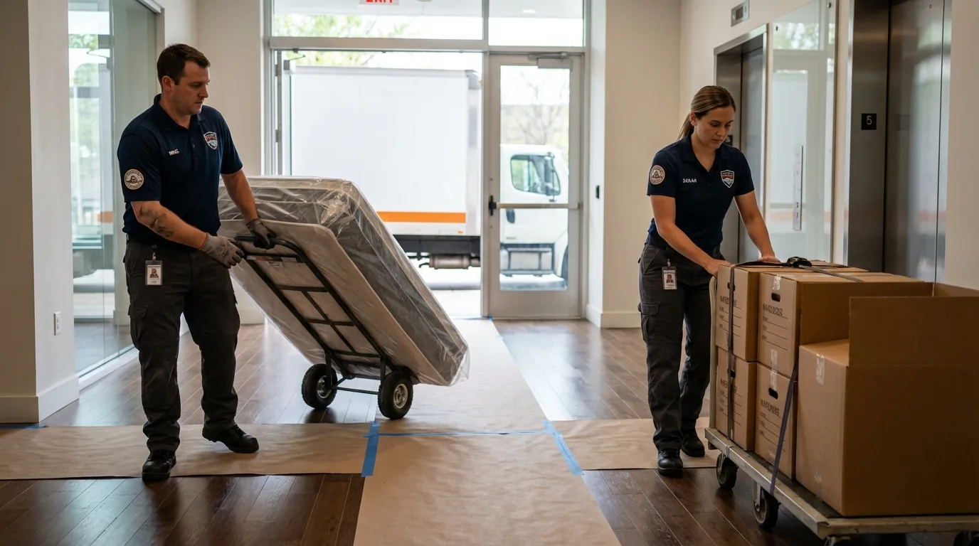 Professional apartment movers loading elevator in Austin, TX